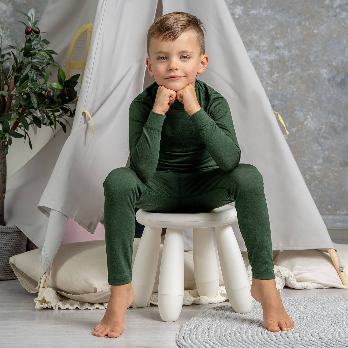 Kids' Long Sleeve Set 160 Merino Dark Green